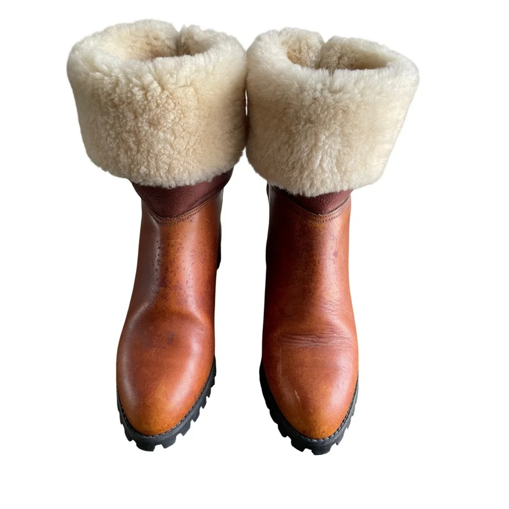 Timberland Vtg 90's Shearling Lined Leather Boots Cognac Made in USA Womens 6.5M